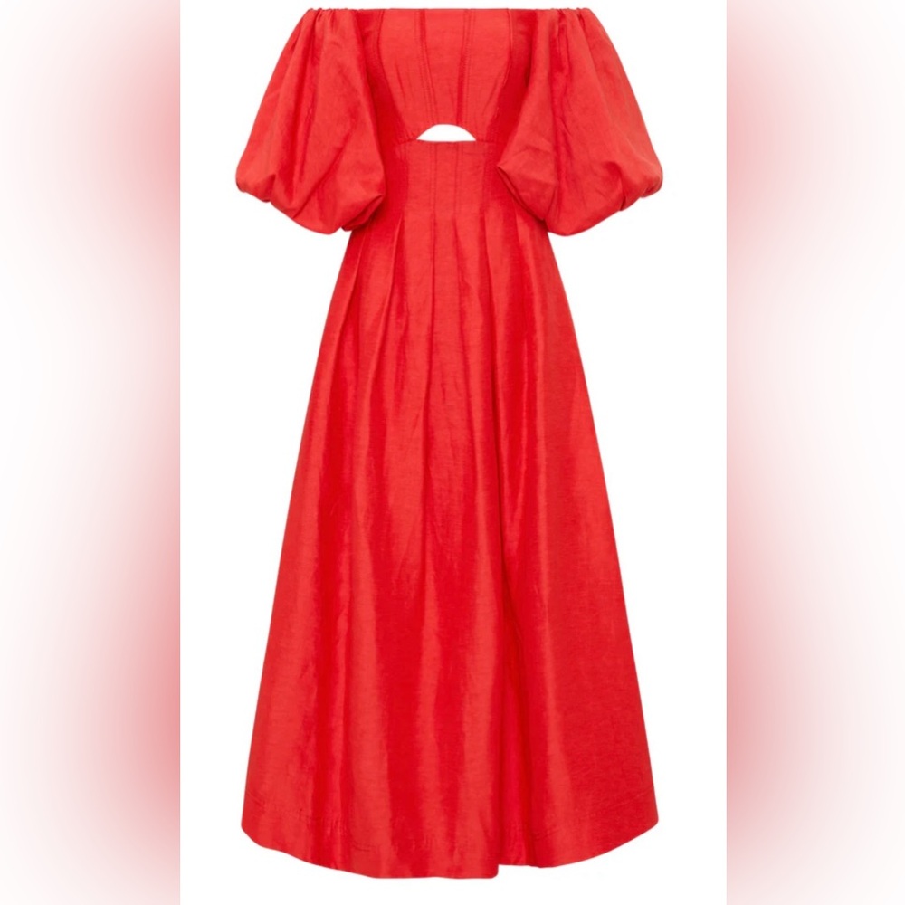 AJE Eugenie Off Shoulder Midi Dress Scarlet Red